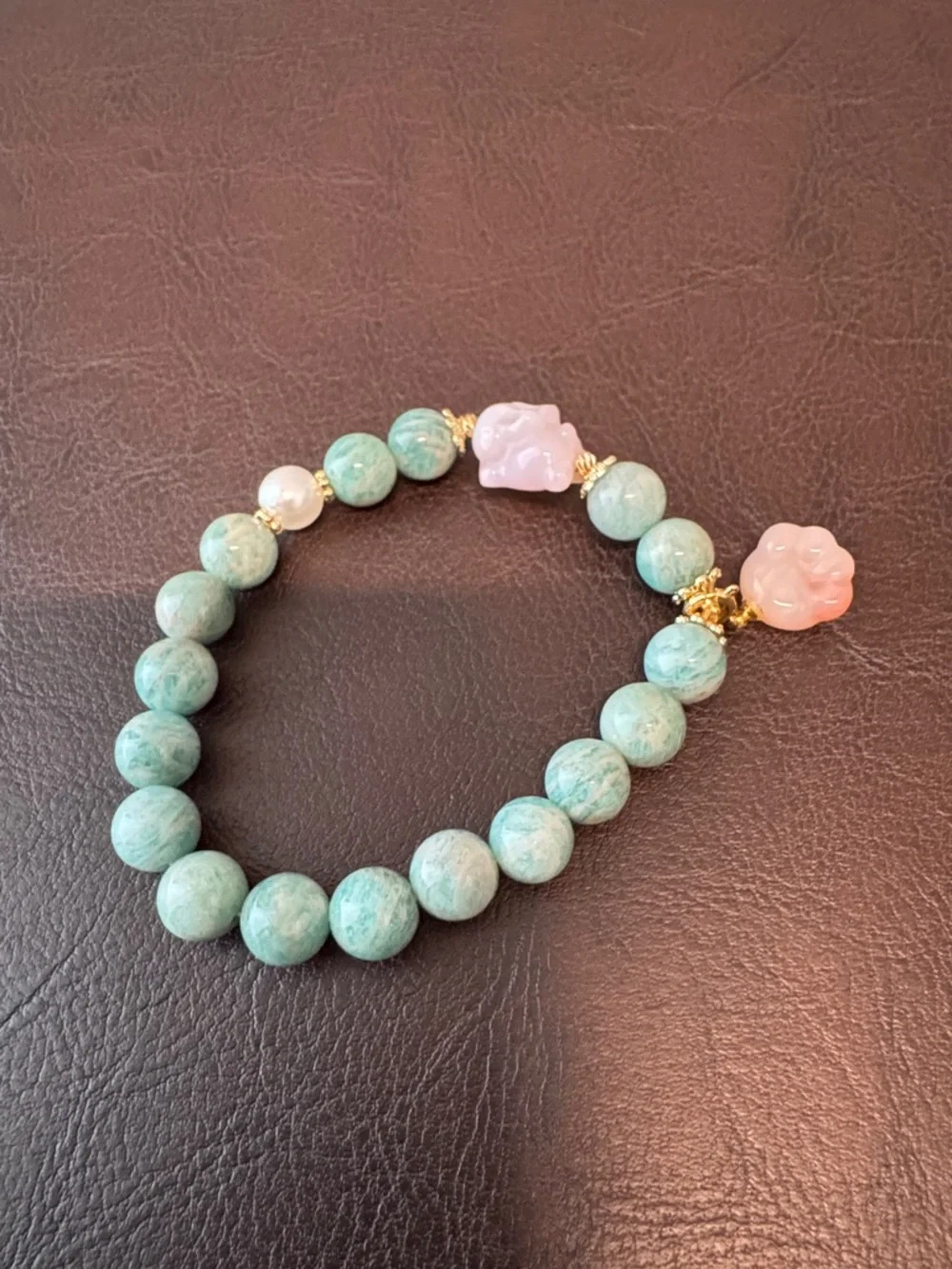 Green Amazonite Beaded Bracelet with Pink Paw Charm and Bunny